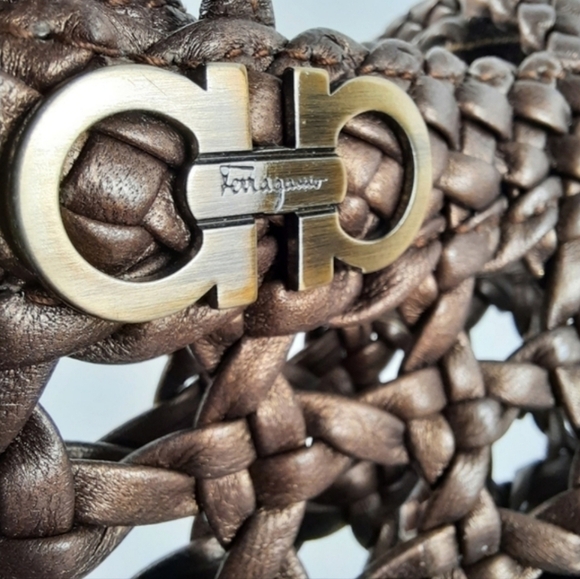 SALVATORE FERRAGAMO Gancini Bronze Woven Leather Top Handle Tote Shoulder Bag - Picture 5 of 10